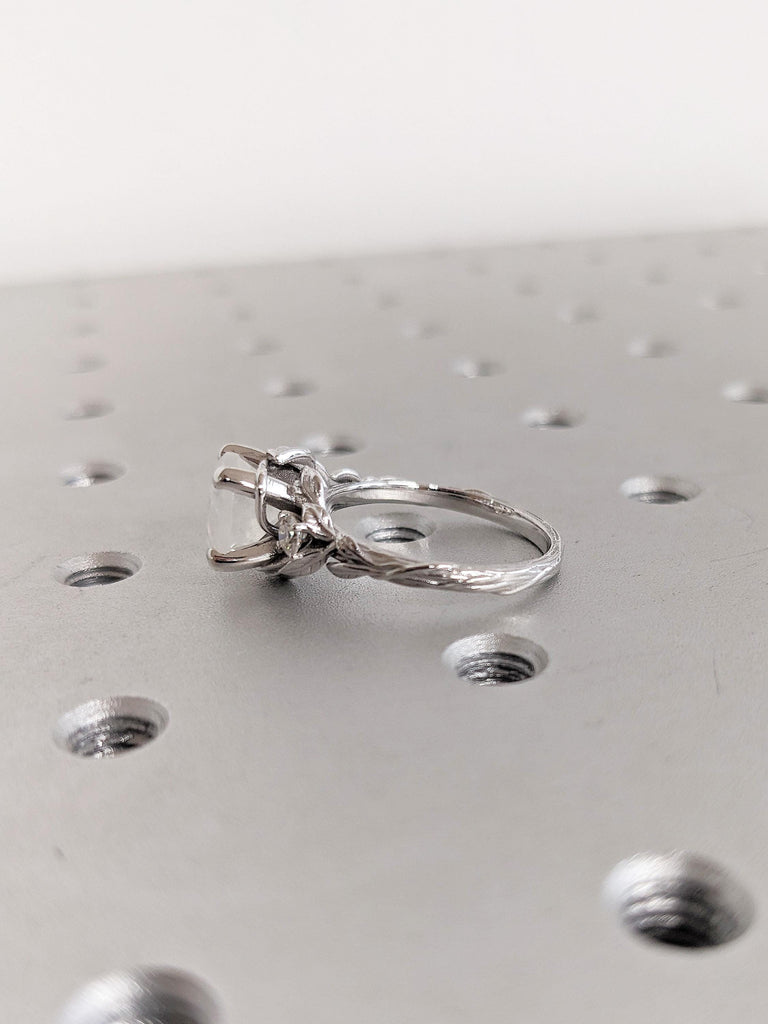 2.2ct Round Moonstone Engagement Ring, 14K White Gold Ring, Nature Inspired Moonstone Leaf Ring