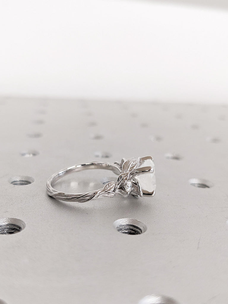 2.2ct Moonstone Engagement Ring, 14K White Gold Round Cut Moonstone Ring, Nature Inspired Diamond Leaf Ring, Wedding Ring, Ring Gift For Her