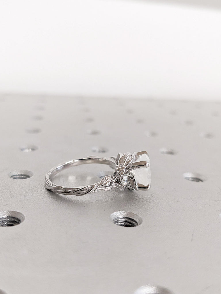 2.2ct Round Moonstone Engagement Ring, 14K White Gold Ring, Nature Inspired Moonstone Leaf Ring