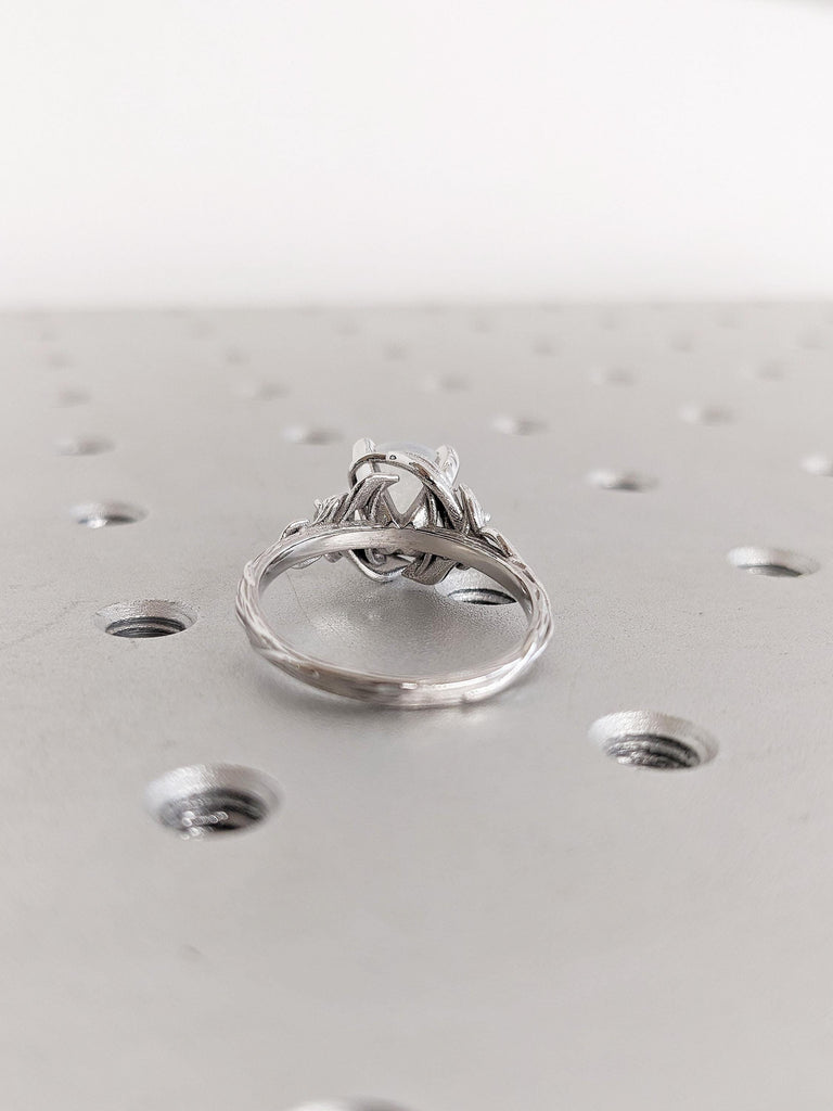 2.2ct Round Moonstone Engagement Ring, 14K White Gold Ring, Nature Inspired Moonstone Leaf Ring