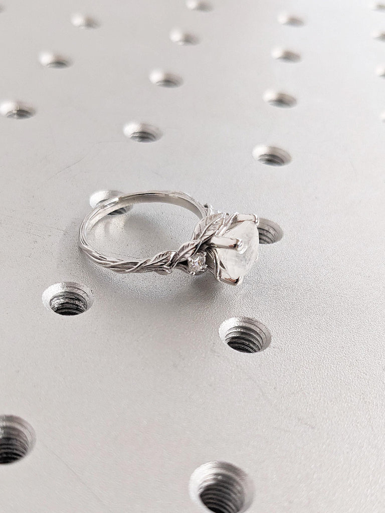 2.2ct Moonstone Engagement Ring, 14K White Gold Round Cut Moonstone Ring, Nature Inspired Diamond Leaf Ring, Wedding Ring, Ring Gift For Her