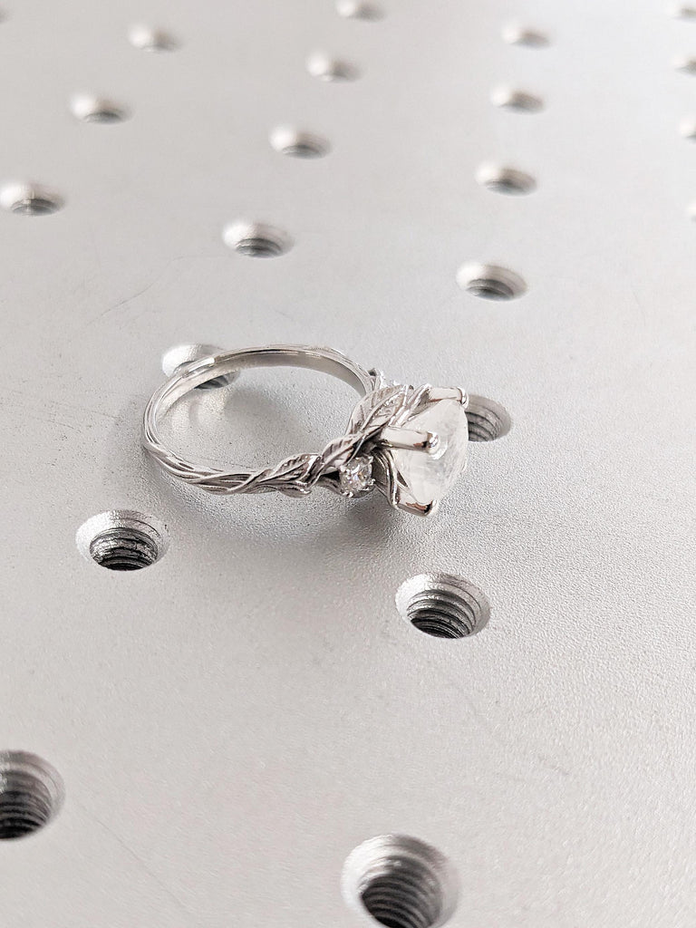 2.2ct Round Moonstone Engagement Ring, 14K White Gold Ring, Nature Inspired Moonstone Leaf Ring