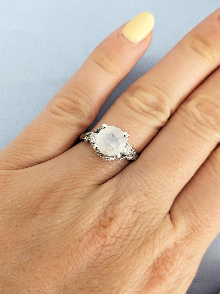 2.2ct Moonstone Engagement Ring, 14K White Gold Round Cut Moonstone Ring, Nature Inspired Diamond Leaf Ring, Wedding Ring, Ring Gift For Her
