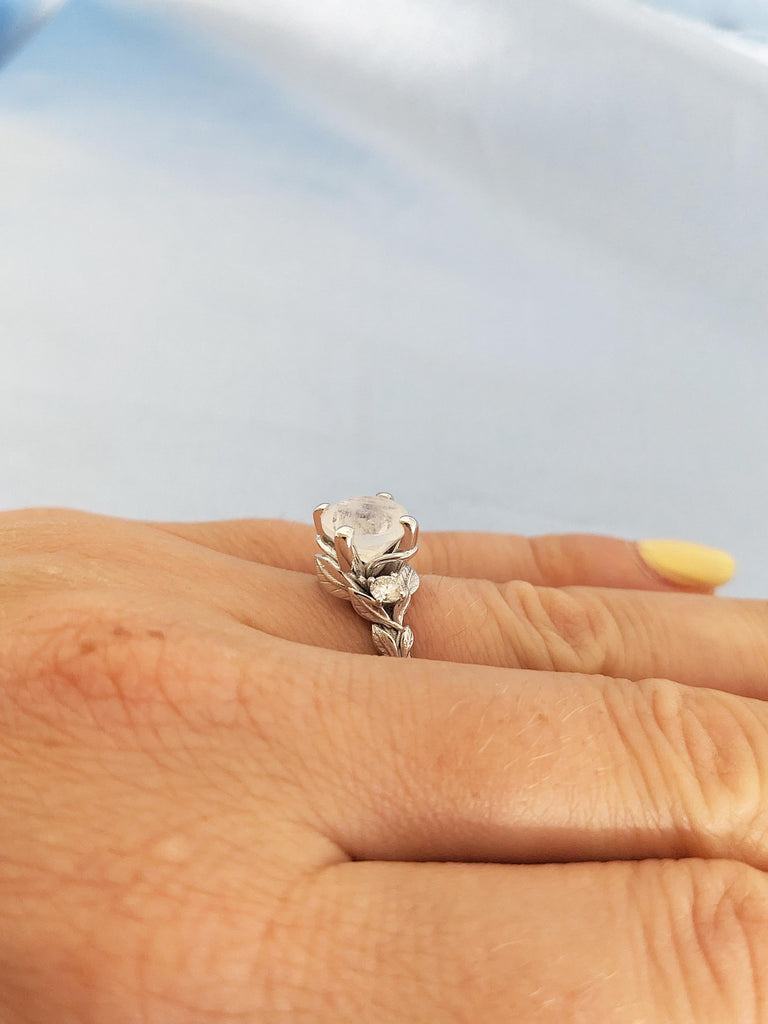 2.2ct Round Moonstone Engagement Ring, 14K White Gold Ring, Nature Inspired Moonstone Leaf Ring