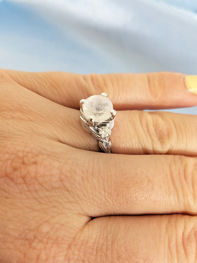 2.2ct Moonstone Engagement Ring, 14K White Gold Round Cut Moonstone Ring, Nature Inspired Diamond Leaf Ring, Wedding Ring, Ring Gift For Her