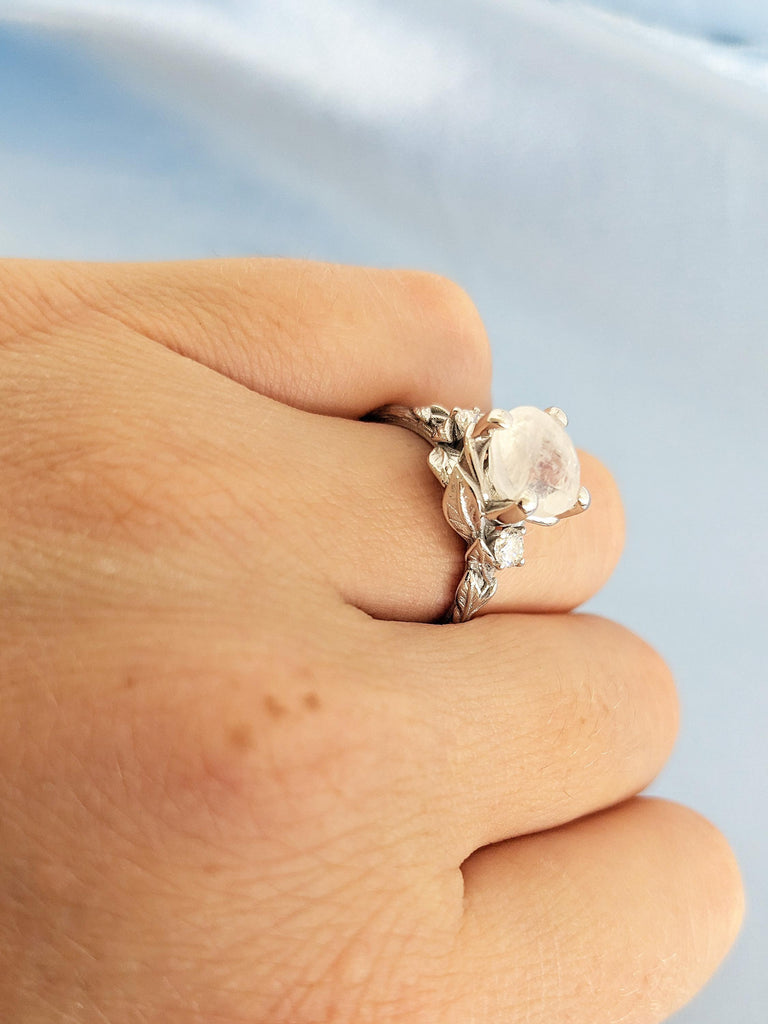 2.2ct Round Moonstone Engagement Ring, 14K White Gold Ring, Nature Inspired Moonstone Leaf Ring