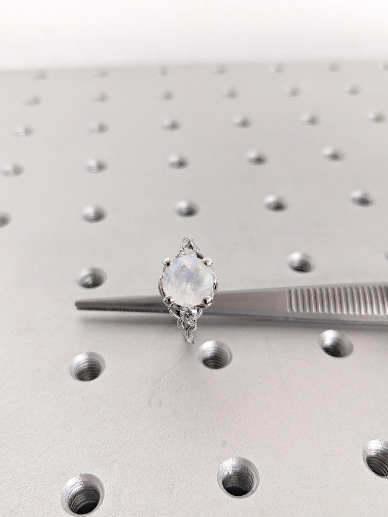 2.2ct Moonstone Engagement Ring, 14K White Gold Round Cut Moonstone Ring, Nature Inspired Diamond Leaf Ring, Wedding Ring, Ring Gift For Her