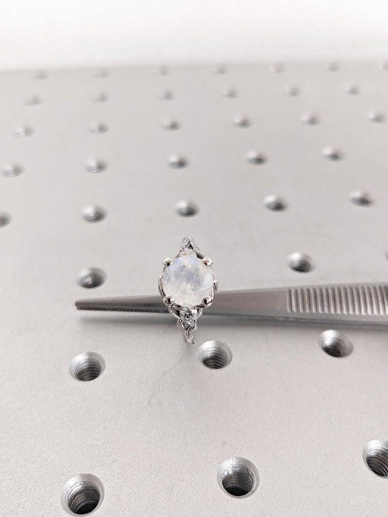 2.2ct Round Moonstone Engagement Ring, 14K White Gold Ring, Nature Inspired Moonstone Leaf Ring