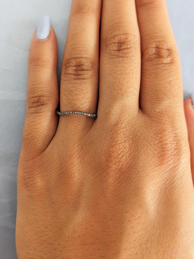 Dainty Round Curved Salt and Pepper Diamond Matching Engagement Ring, Thin 14K Solid Black Gold Diamond Wedding Band, Bridal Stacking Ring