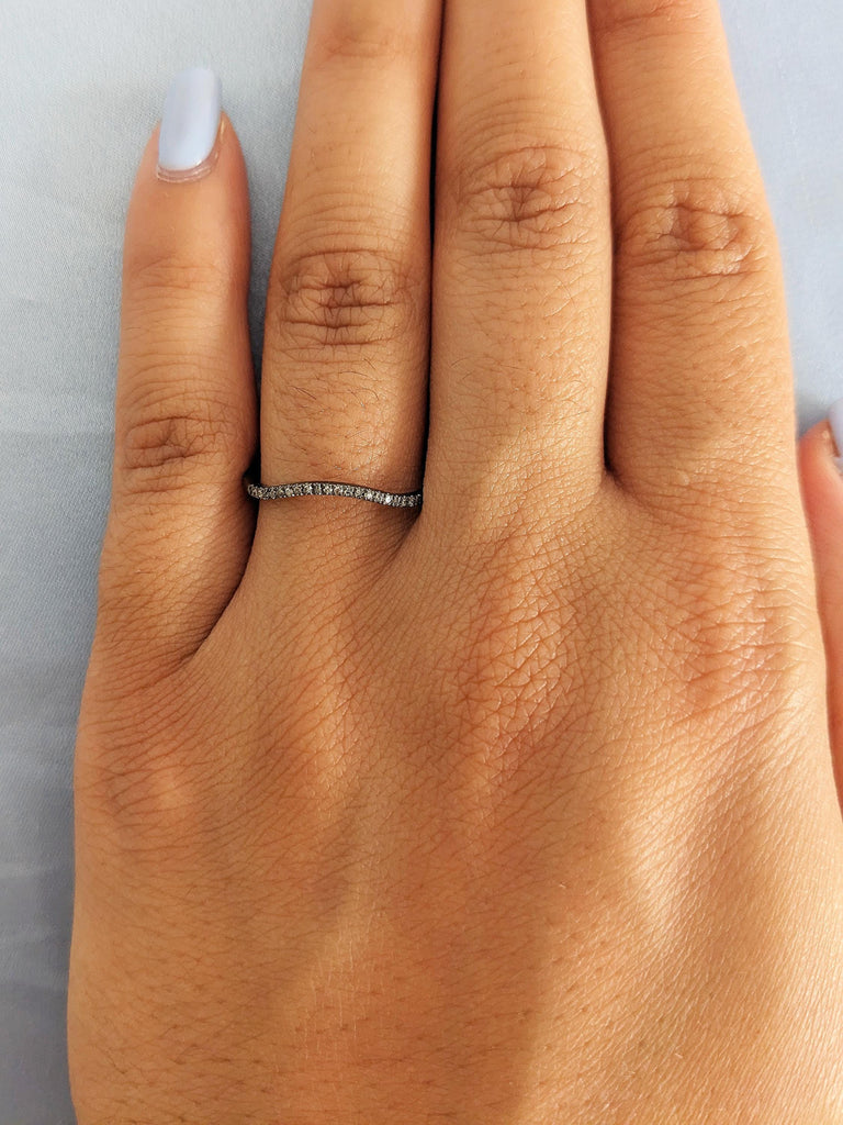 14K Black Gold Salt and Pepper Diamond Curved Matching Ring, Round Diamond Wedding Band, Half Eternity Promise Ring