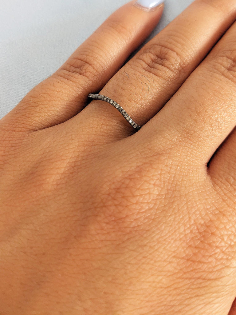 14K Black Gold Salt and Pepper Diamond Curved Matching Ring, Round Diamond Wedding Band, Half Eternity Promise Ring
