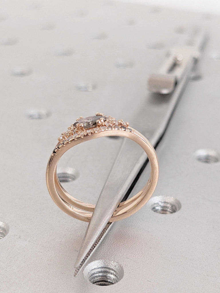 Salt and Pepper Diamond Engagement Ring Set, 14k Gold Rose Gold, Curved Stackable Ring