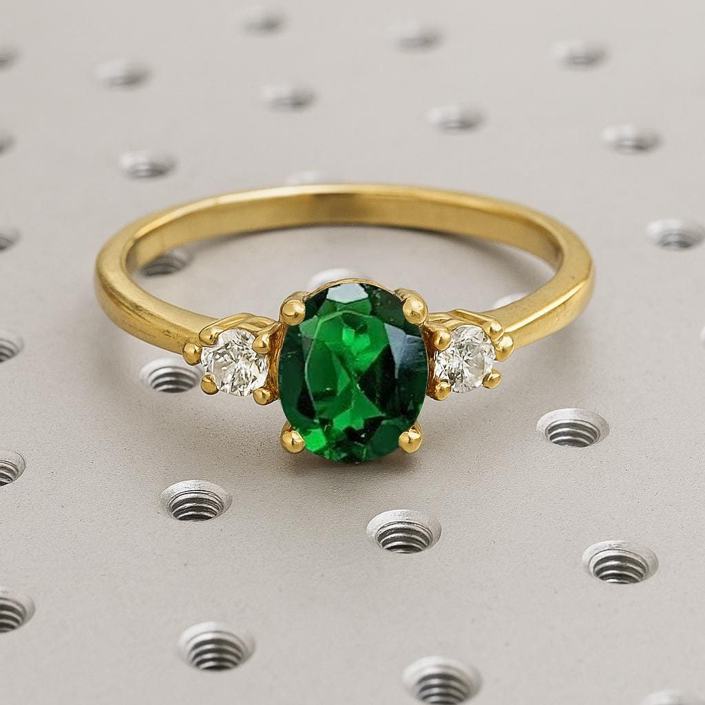 Oval Cut Emerald Engagement Ring, Vintage 14k Yellow Gold Ring