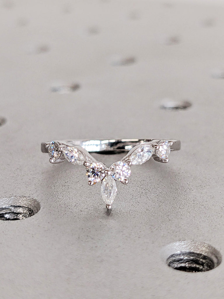 V Curved Diamond Wedding Ring, Twisted Half Eternity Diamond Matching Band, 14K White Gold Chevron Stacking Matching Ring