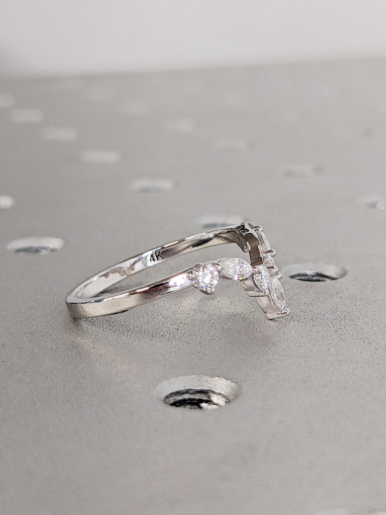 V Curved Diamond Wedding Ring, Twisted Half Eternity Diamond Matching Band, 14K White Gold Chevron Stacking Matching Ring