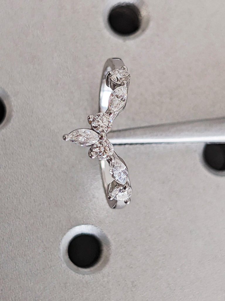 V Curved Diamond Wedding Ring, Twisted Half Eternity Diamond Matching Band, 14K White Gold Chevron Stacking Matching Ring