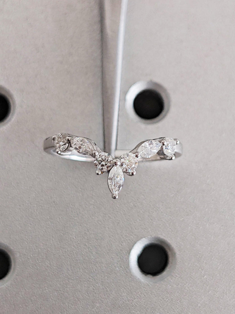 Marquise and Round Shaped Wedding Engagement Band, 14K Solid White Gold Diamond Wedding Band, V Curved Women's Matching Ring, Gift For Her