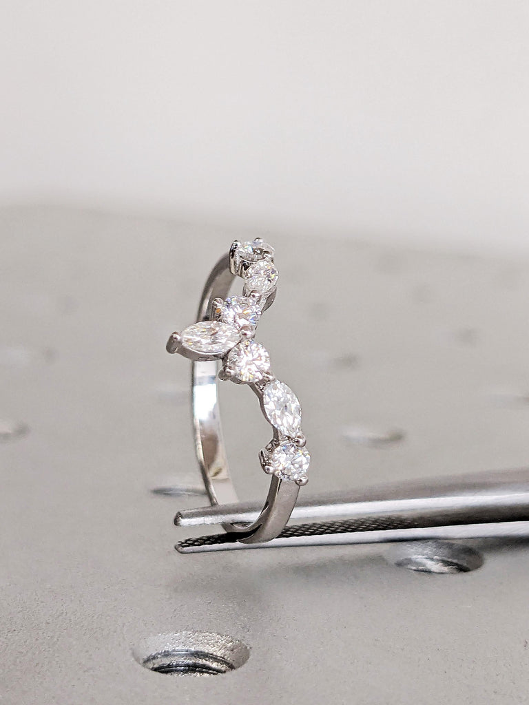 Marquise and Round Shaped Wedding Engagement Band, 14K Solid White Gold Diamond Wedding Band, V Curved Women's Matching Ring, Gift For Her