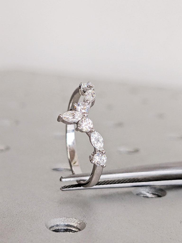 V Curved Diamond Wedding Ring, Twisted Half Eternity Diamond Matching Band, 14K White Gold Chevron Stacking Matching Ring