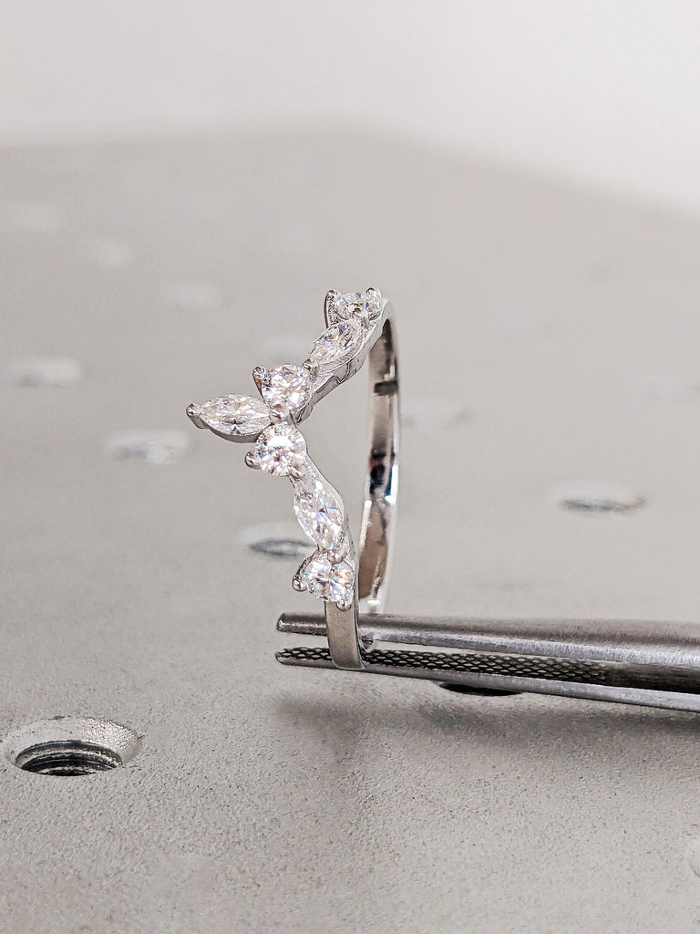 Marquise and Round Shaped Wedding Engagement Band, 14K Solid White Gold Diamond Wedding Band, V Curved Women's Matching Ring, Gift For Her