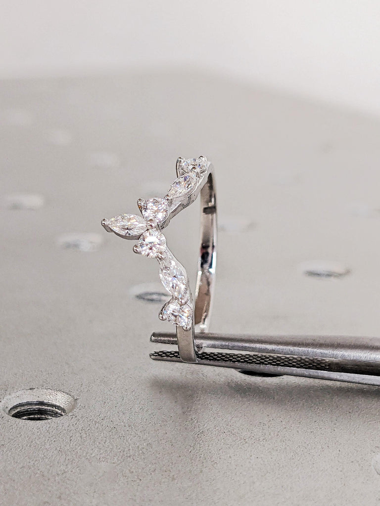 V Curved Diamond Wedding Ring, Twisted Half Eternity Diamond Matching Band, 14K White Gold Chevron Stacking Matching Ring