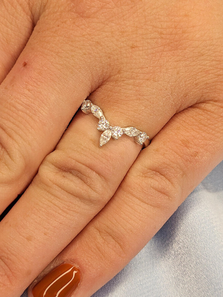 Marquise and Round Shaped Wedding Engagement Band, 14K Solid White Gold Diamond Wedding Band, V Curved Women's Matching Ring, Gift For Her