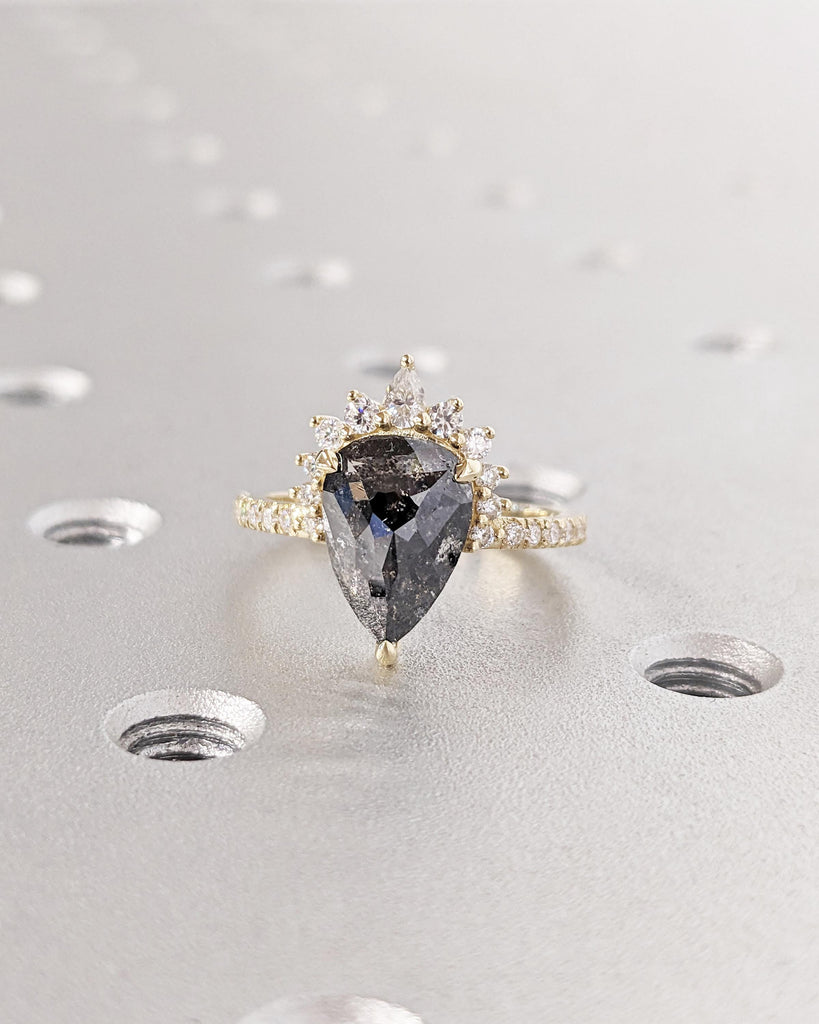 Pear Cut Salt & Pepper Diamond Engagement Ring, 14K Yellow Gold, Art Deco Diamond Bridal Ring, Glamorous Dinner Ring, Dainty Promise Ring