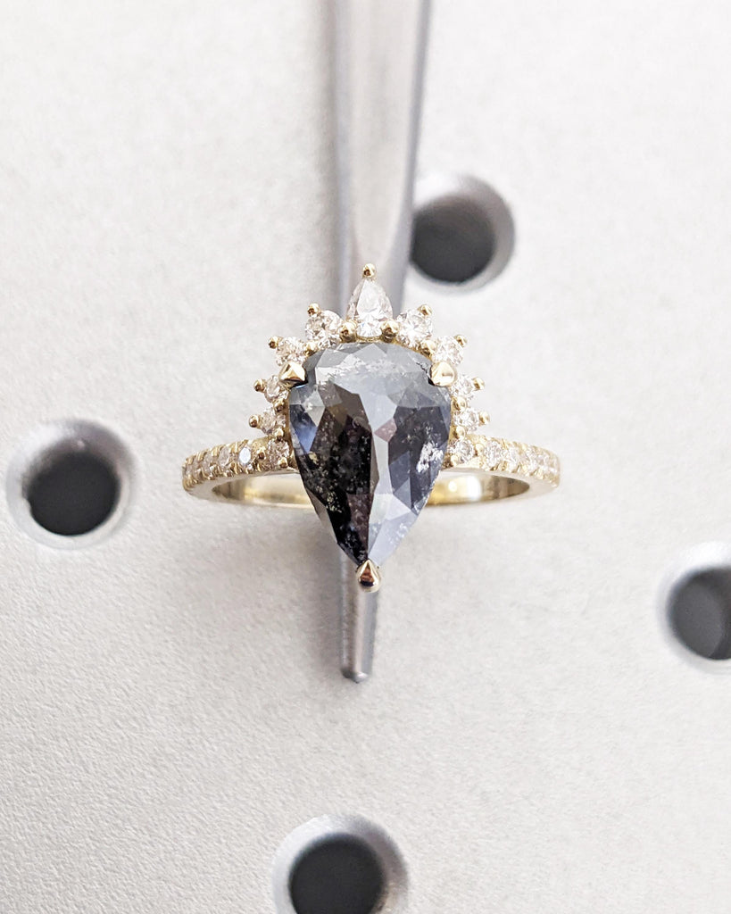 Pear Cut Salt & Pepper Diamond Engagement Ring, 14K Yellow Gold, Art Deco Diamond Bridal Ring, Glamorous Dinner Ring, Dainty Promise Ring