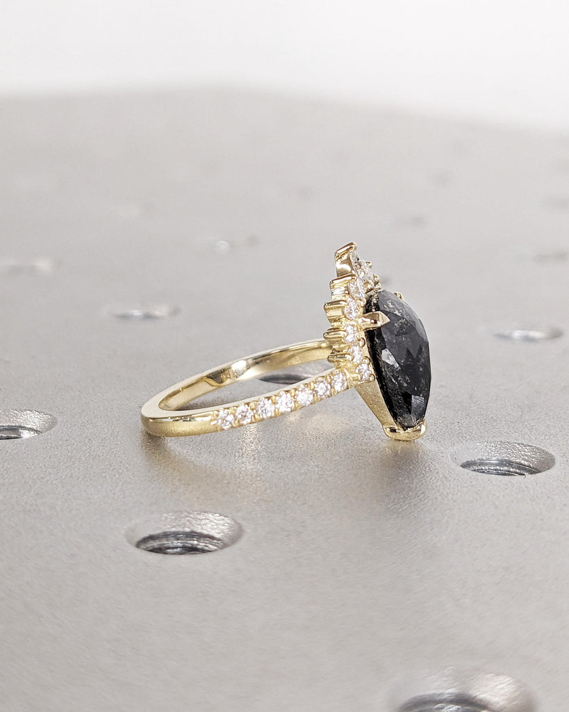 Pear Cut Salt & Pepper Diamond Engagement Ring, 14K Yellow Gold, Art Deco Diamond Bridal Ring, Glamorous Dinner Ring, Dainty Promise Ring