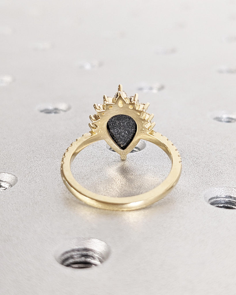 Pear Cut Salt & Pepper Diamond Engagement Ring, 14K Yellow Gold, Art Deco Diamond Bridal Ring, Glamorous Dinner Ring, Dainty Promise Ring