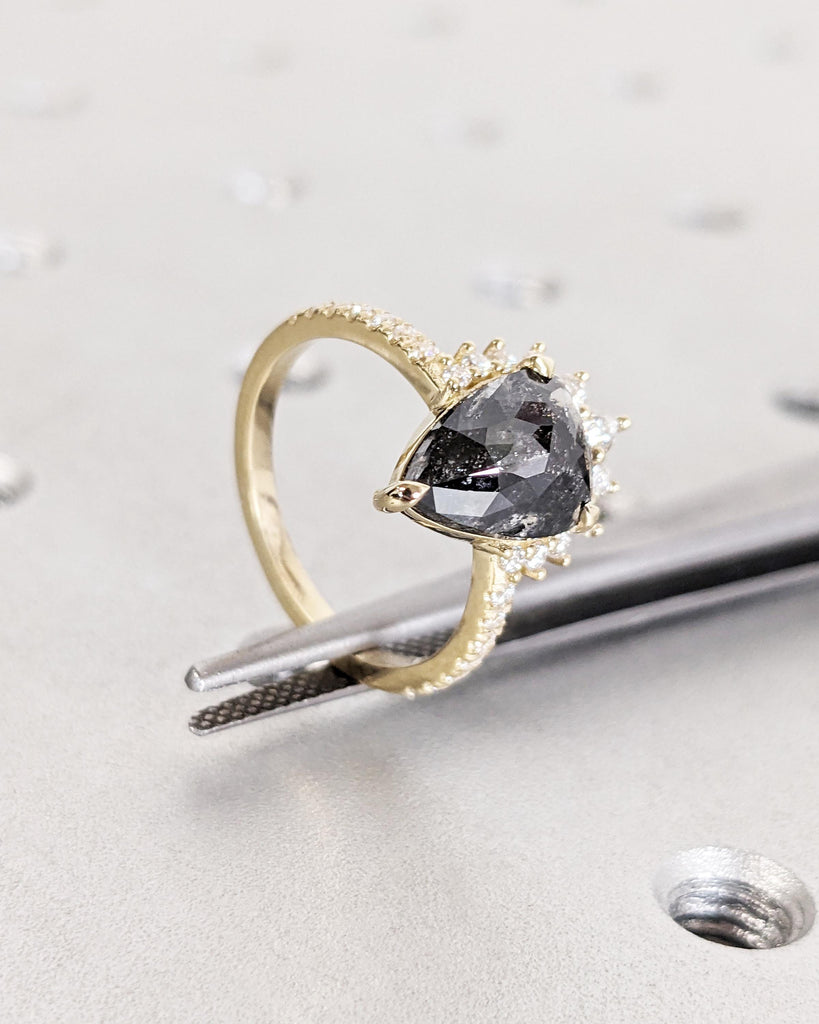 Vintage Salt and Pepper Diamond Pear Cut Engagement Ring | Moissanite or Diamond Cluster Ring | Art Deco Anniversary Promise Ring | 14K Gold