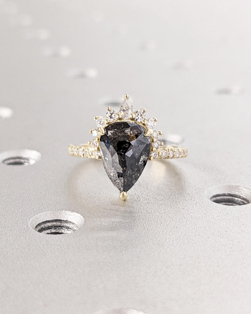 Vintage Salt and Pepper Diamond Pear Cut Engagement Ring | Moissanite or Diamond Cluster Ring | Half Eternity Ring | Art Deco Anniversary Promise Ring | Solid 14K Yellow Gold