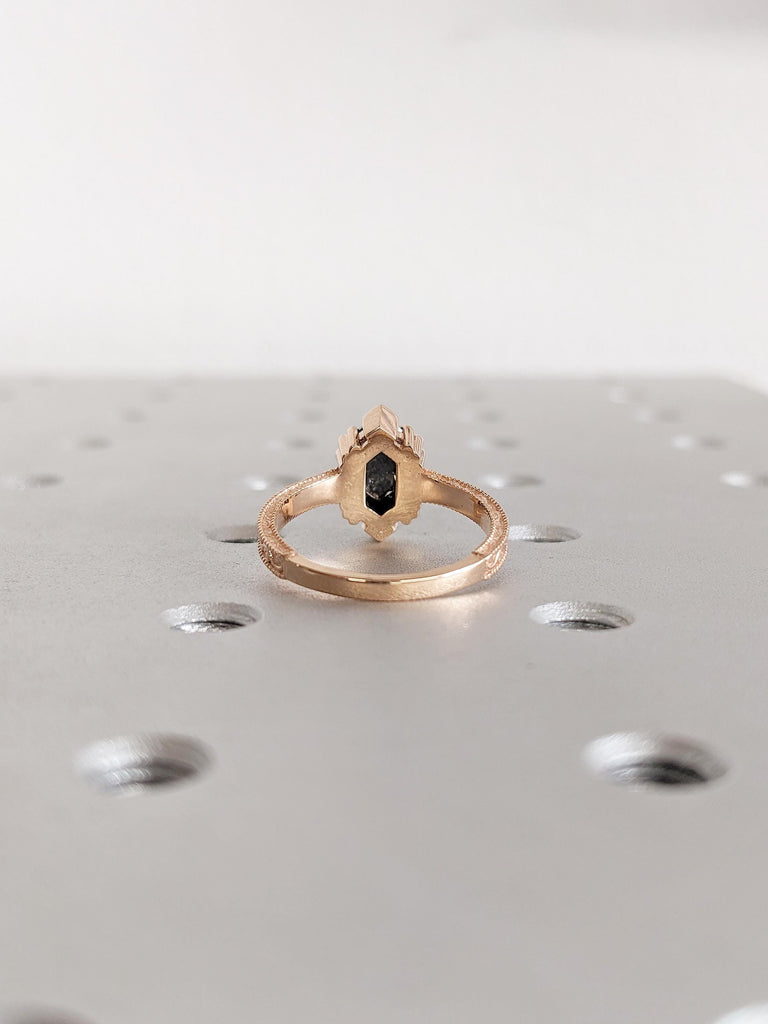Solitaire Ring, Hexagon Ring, Salt and Pepper Diamond Ring, 18k Rose Gold Engagement Ring