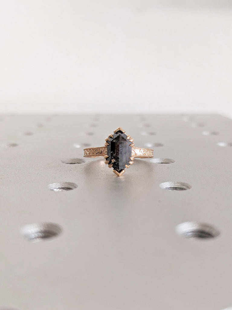 Solitaire Ring, Hexagon Ring, Salt and Pepper Diamond Ring, 18k Rose Gold Engagement Ring