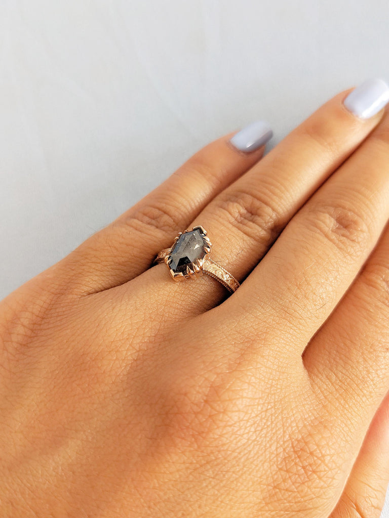 Hexagon Cut Salt and Pepper Diamond Engagement Ring, Milgrain 18k Rose Gold Promise Ring for Her, Filigree Diamond Ring, Big Statement Ring