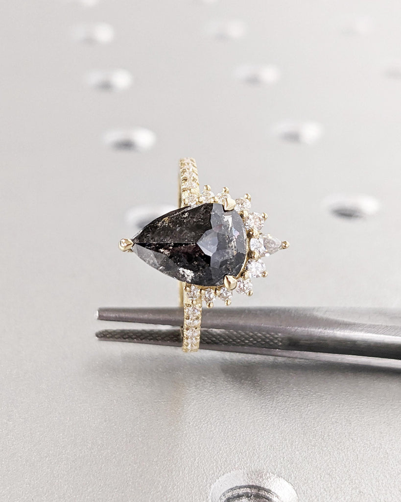 Pear Cut Salt & Pepper Diamond Engagement Ring in 14K Yellow Gold, Art Deco Diamond Bridal Ring, Glamorous Dinner Ring, Dainty Promise Ring for Women