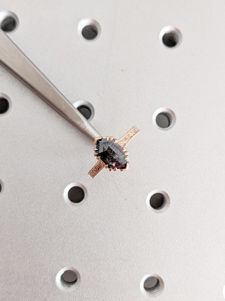 Hexagon Cut Salt and Pepper Diamond Engagement Ring, Milgrain 18k Rose Gold