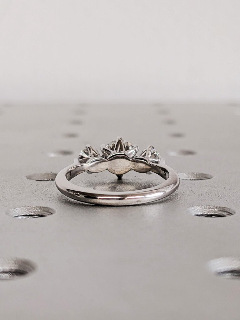 Custom 14K Solid White Gold Lab Grown Diamond Talon Prong Wedding Band, Round Cut Three Stone White Diamond Wedding Band