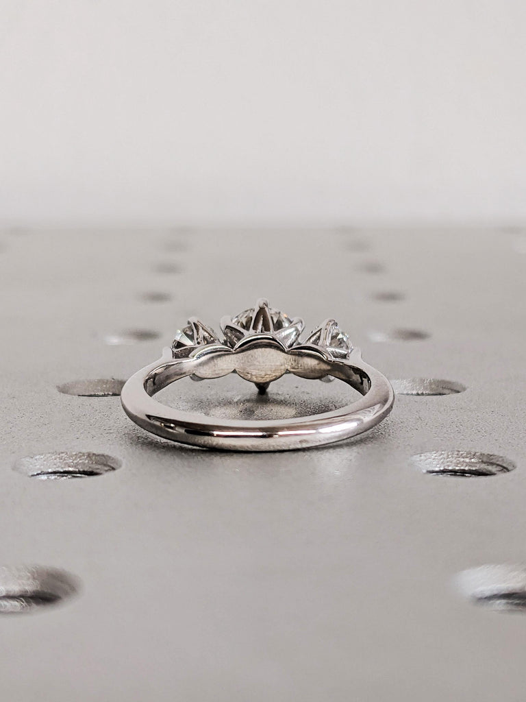 Custom 14K Solid White Gold Lab Grown Diamond Talon Prong Wedding Band, Round Cut Three Stone White Diamond Wedding Band