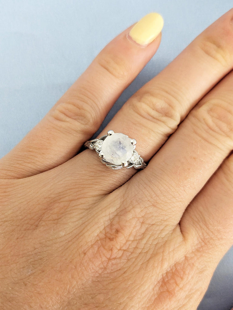 2.2ct Round Moonstone Engagement Ring, 14K White Gold Ring, Nature Inspired Moonstone Leaf Ring
