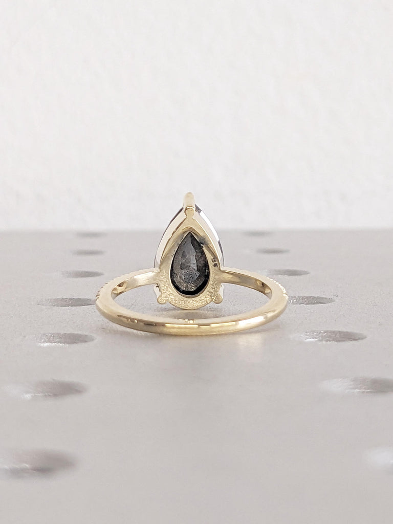 Pear Cut Salt and Pepper Diamond Engagement Ring, 14K Yellow Gold Ring, Pave Diamond Weeding Band