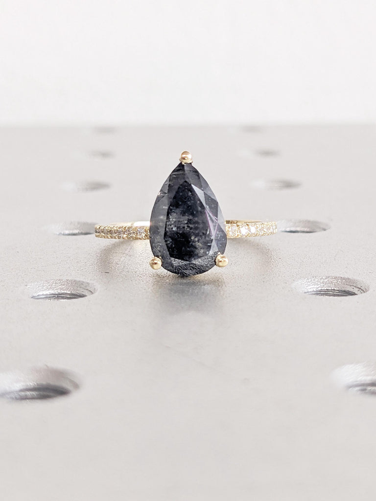 Pear Cut Salt and Pepper Diamond Engagement Ring, 14K Yellow Gold Ring, Pave Diamond Weeding Band
