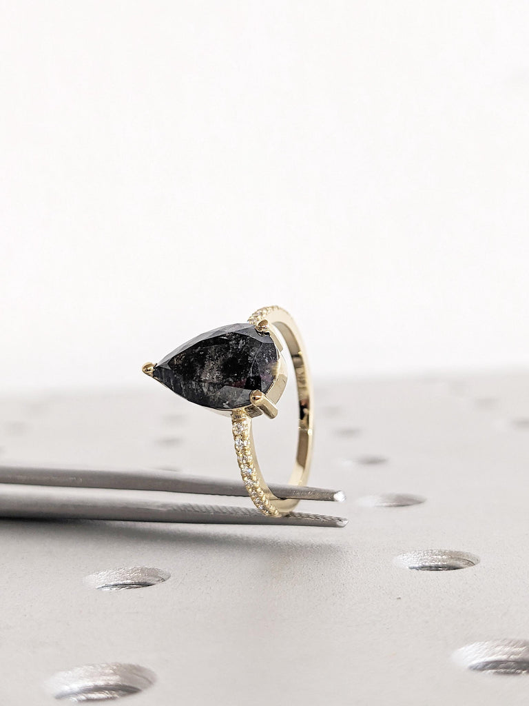 Salt and Pepper Diamond Engagement Ring, Pear Cut Salt and Pepper Ring, 14K Yellow Gold Diamond Ring, Promise Ring, Anniversary Ring For Her