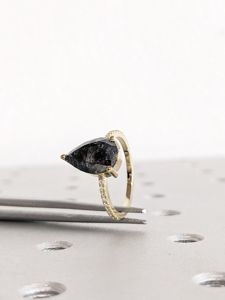 Pear Cut Salt and Pepper Diamond Engagement Ring, 14K Yellow Gold Ring, Pave Diamond Weeding Band