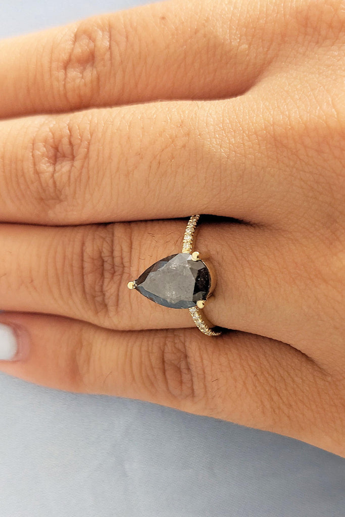 Salt and Pepper Diamond Engagement Ring, Pear Cut Salt and Pepper Ring, 14K Yellow Gold Diamond Ring, Promise Ring, Anniversary Ring For Her