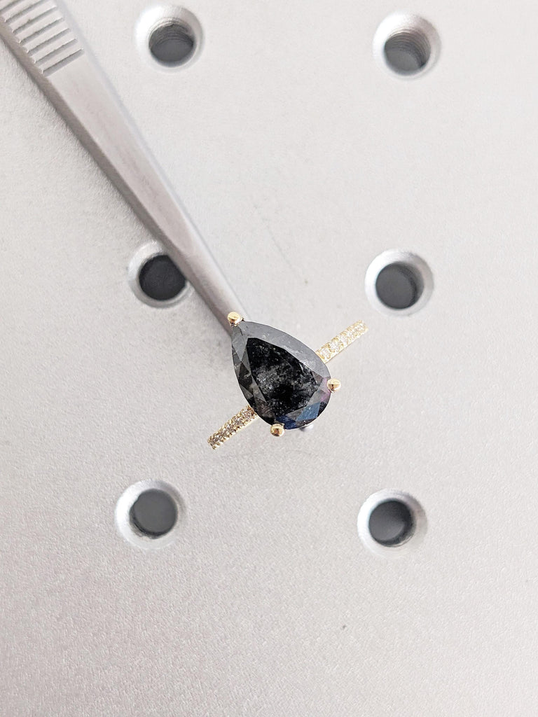 Pear Cut Salt and Pepper Diamond Engagement Ring, 14K Yellow Gold Ring, Pave Diamond Weeding Band