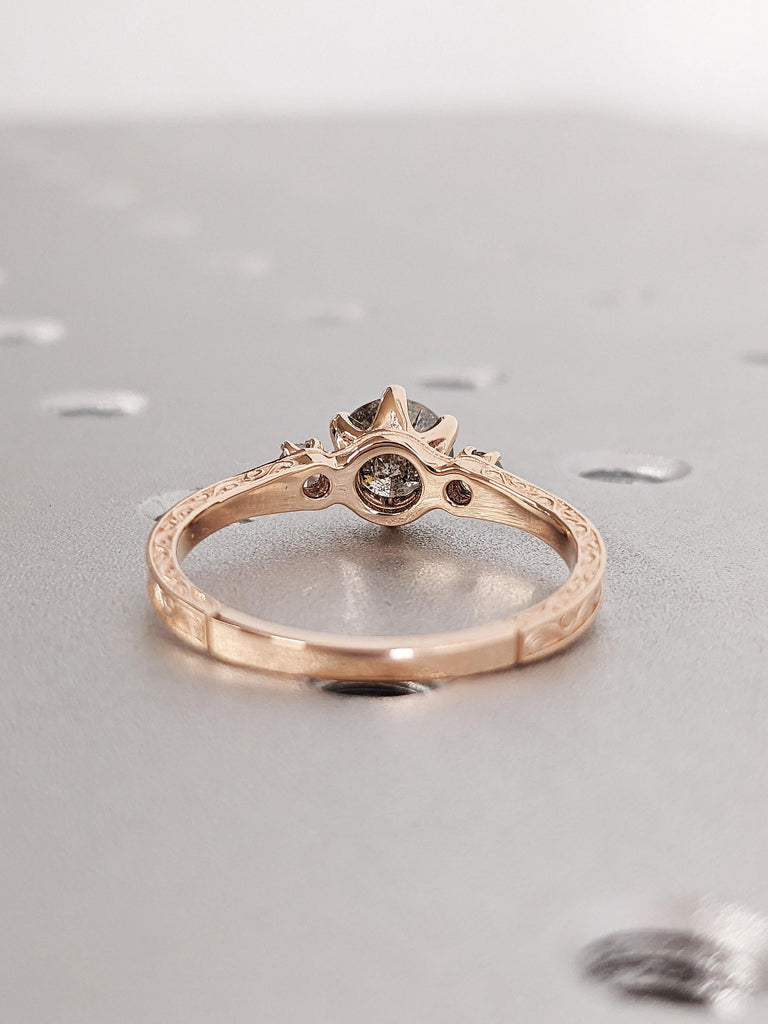 Vintage Raw Salt and Pepper Diamond Engagement Ring, Art Deco Round Cut Multi Stone Galaxy Diamond Ring, 14K Rose Gold Filigree Wedding Band
