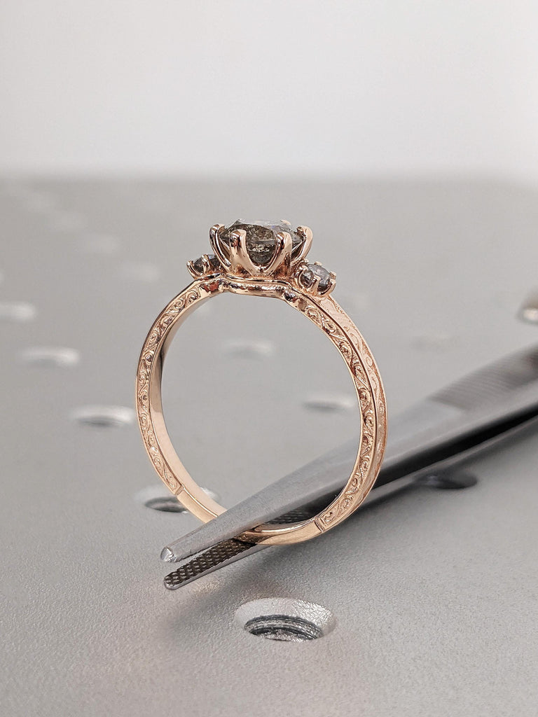 Round Cut Salt and Pepper Diamond Engagement Ring, 14K Rose Gold Art Deco 3 Stone Black Diamond Ring, Vintage Filigree Bridal Band