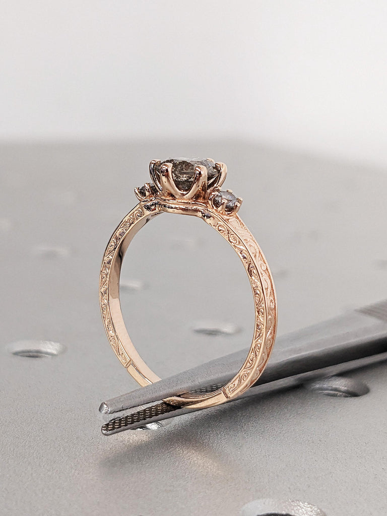 Round Cut Salt and Pepper Diamond Engagement Ring, 14K Rose Gold Art Deco 3 Stone Black Diamond Ring, Vintage Filigree Bridal Band