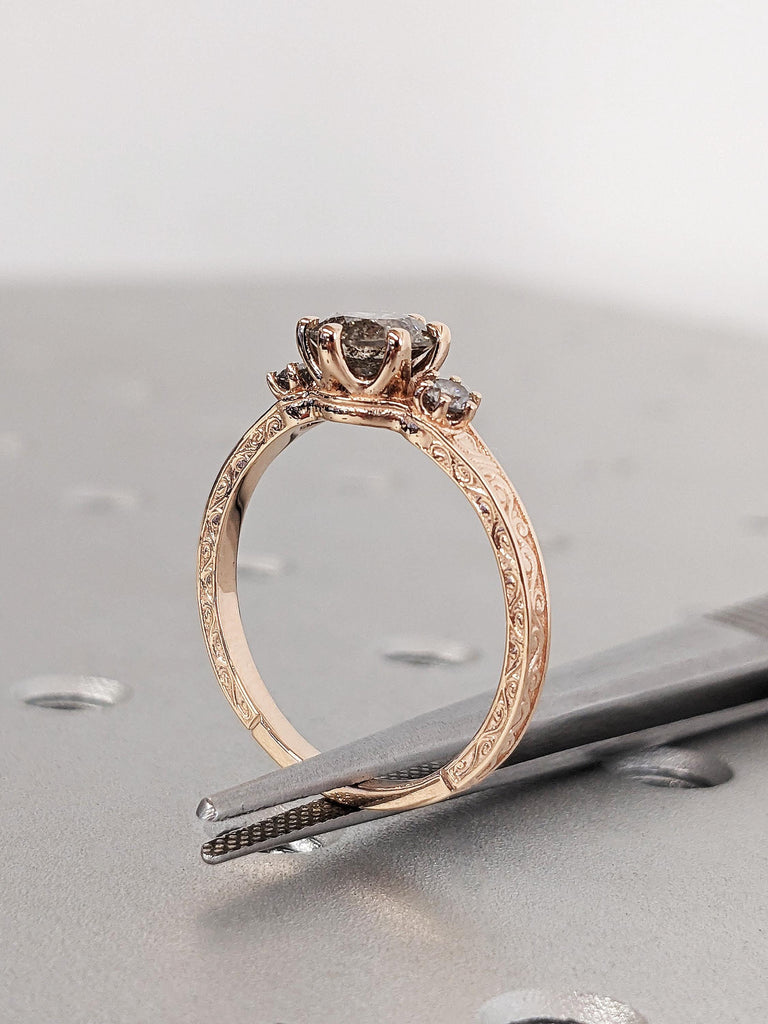 Vintage Raw Salt and Pepper Diamond Engagement Ring, Art Deco Round Cut Multi Stone Galaxy Diamond Ring, 14K Rose Gold Filigree Wedding Band